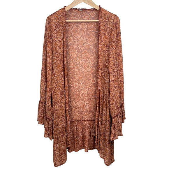 Chan Luu Sweaters - Chan Luu Boho‎ Floral Open Front Kimono Cardigan Ruffle Hem Brown Rust Sz Large